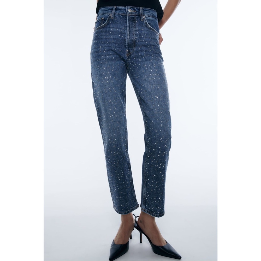 Zara Rhinestone Straight Leg Jeans XS 24 US 2 | High Rise Blue Y2K Party Denim - Picture 4 of 14
